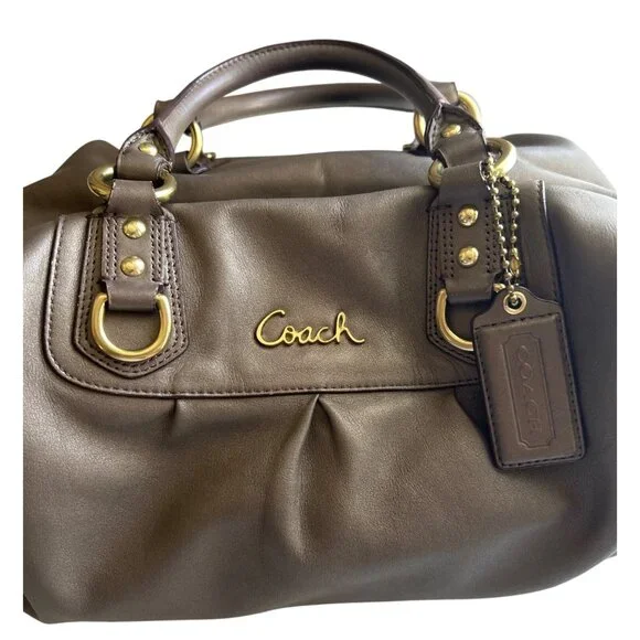 Coach Leather Satchel Bag Taupe With Gold Accents Zip Top Double Handles - Picture 2 of 16